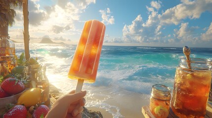 A person holding a colorful popsicle by the beach, with drinks and fruits nearby.