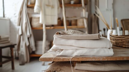 A sustainable fashion workshop with eco-friendly fabrics and artisan craftsmanship, Ethical fashion scene, Minimalist style