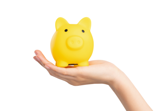 Hand holding yellow piggy bank for saving money on white background.