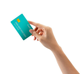 Hand holding credit card on isolated white background.