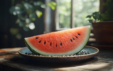 A slice of watermelon on a rustic plate, surrounded by natural light and greenery.