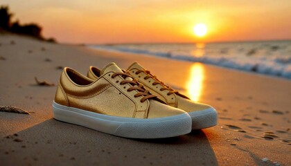 Naklejka premium Gold Sneakers on Mississippi Sunset Beach