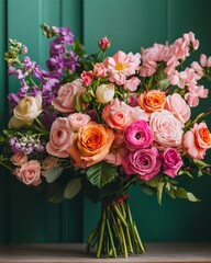 A vibrant bouquet of assorted flowers featuring roses, peonies, and other blooms, arranged beautifully against a green backdrop.