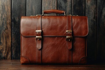 A vintage brown leather briefcase displayed against a rustic wooden background, showcasing its texture and craftsmanship.