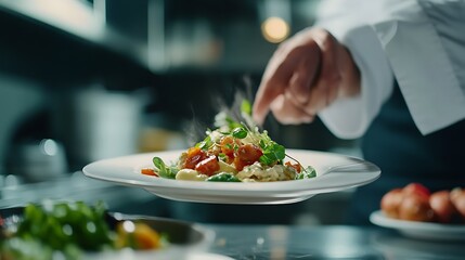 Chef preparing food in the kitchen closeup of female hands