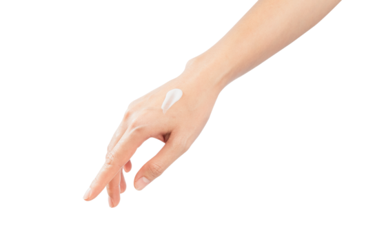 Woman hand applying cosmetic cream on her finger on background.