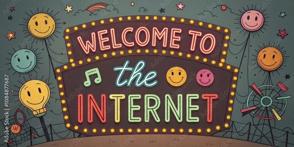 Poster a whimsical neon sign displaying welcome to the internet in circusstyle lettering backlit with color