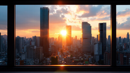 stunning city skyline at sunset with tall buildings and vibrant colors