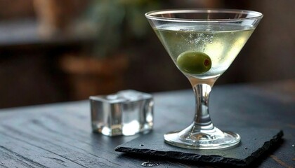 Martini Glass with Olive on Slate Coaster