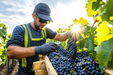 Winemaker inspecting grapes on the vine, with sunlight filtering through the leaves in a vineyard