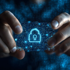A person holds a digital card featuring a lock symbol, representing cybersecurity, data protection, and digital privacy in a tech-savvy environment.