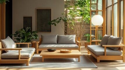 Fototapeta premium Stylish Japandi living room with wood furniture, gray cushions, and a serene ambiance lit by natural light