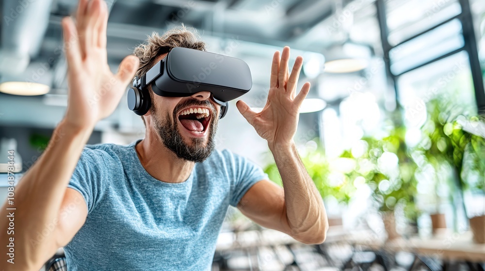 Poster man wearing virtual reality headset and gesturing with hands.