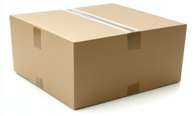 Empty cardboard box with blank label on a white isolated background