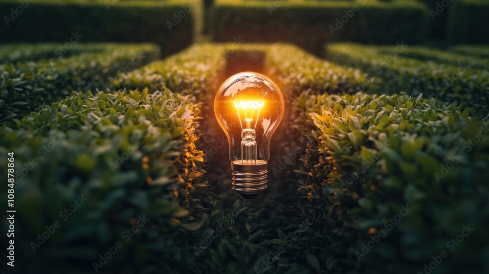 Poster lightbulb glowing at the center of a hedge maze, representing creativity and innovation in solving c