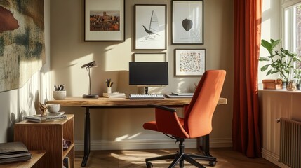 A snug home office with warm tones an ergonomic chair and framed artwork on the walls