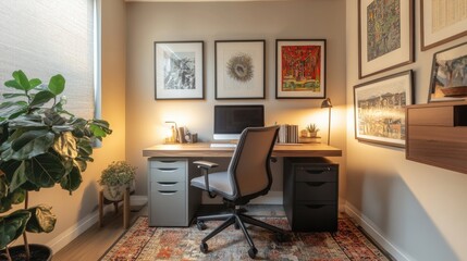 A snug home office with warm tones an ergonomic chair and framed artwork on the walls