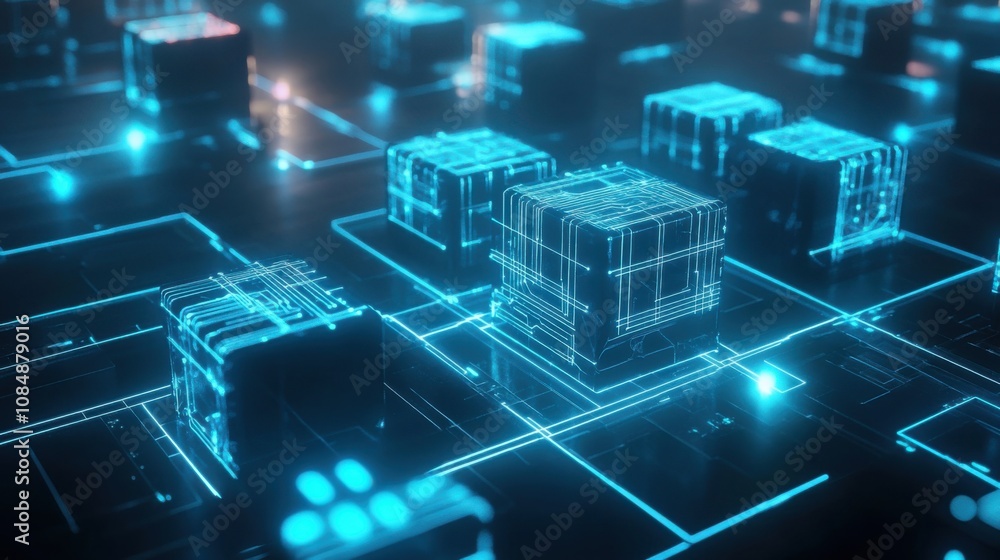 Poster futuristic glowing blue cubes connected by thin lines representing data networks