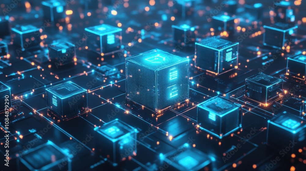 Fototapete futuristic glowing blue cubes connected by thin lines representing data networks