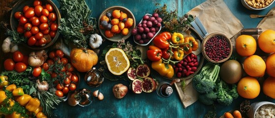 Fototapeta premium A modern kitchen featuring a colorful spread of fruits and vegetables ready for cooking