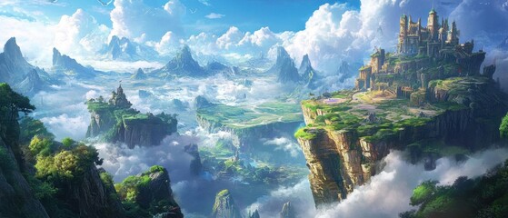 A stunning depiction of a multiplayer online game with diverse avatars and epic scenery
