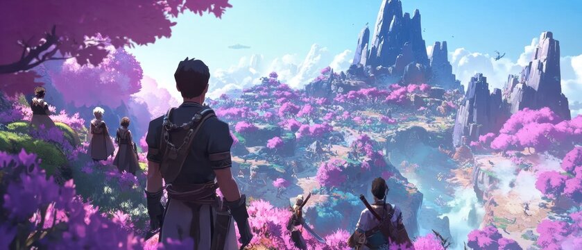 A stunning depiction of a multiplayer online game with diverse avatars and epic scenery