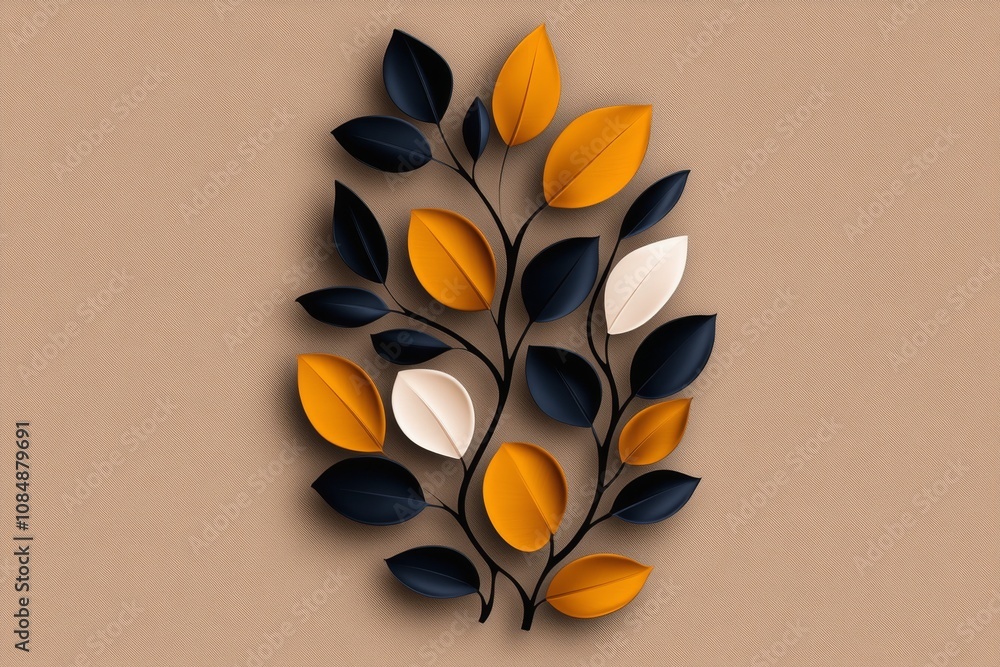 Poster clean line drawing of a wooden branch with a few leaves, minimalist and elegant
