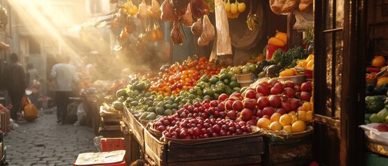 A colorful market stall brimming with fruits and vegetables under warm sunlight