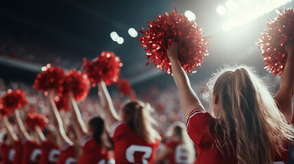 Cheerleaders perform with red pom poms during a lively football game in a packed stadium on a Friday night in autumn
