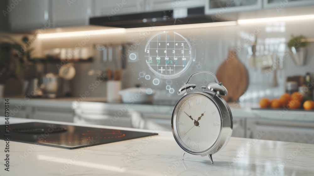 Poster a traditional clock with a holographic digital calendar floating above it, set on a modern kitchen c