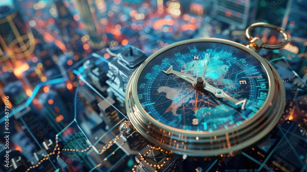 Poster a traditional compass with a holographic map display, set against a futuristic city backdrop, symbol
