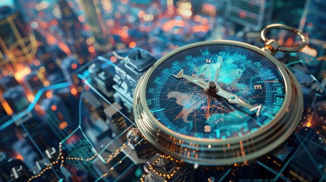 A traditional compass with a holographic map display, set against a futuristic city backdrop, symbolizing the fusion of ancient navigation tools and modern urban exploration