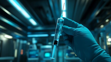 Hand of doctor holding syringe with vaccine and blurred background