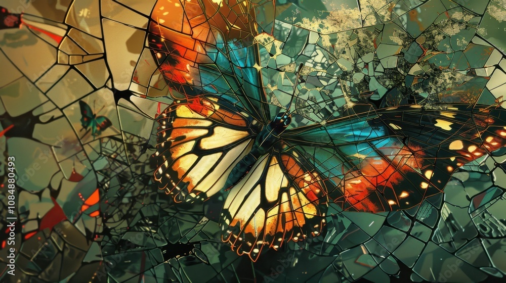 Poster jagged lines and sharp angles coming together to form a mosaic of butterflyshaped fragments.