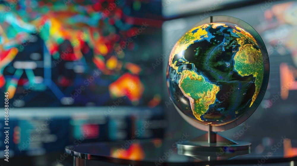 Aufkleber A traditional globe with augmented reality overlays showing global weather patterns, placed in a contemporary weather station