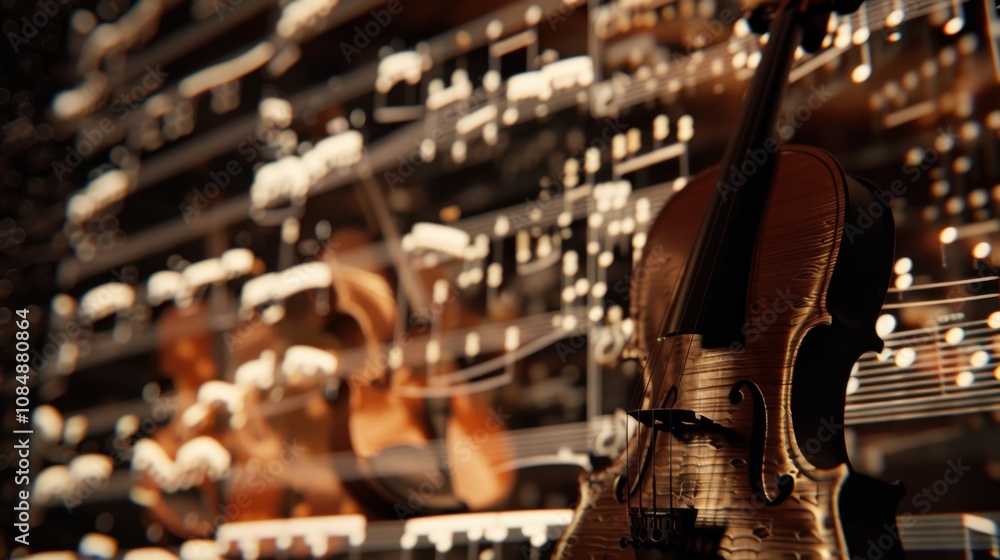 Aufkleber a traditional handcrafted violin with a digital sheet music display, set in a contemporary music hal