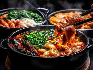 A steaming pot of spicy soup filled with various ingredients, garnished with fresh herbs, set against a backdrop of additional dishes.