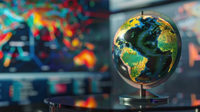 A traditional globe with augmented reality overlays showing global weather patterns, placed in a contemporary weather station