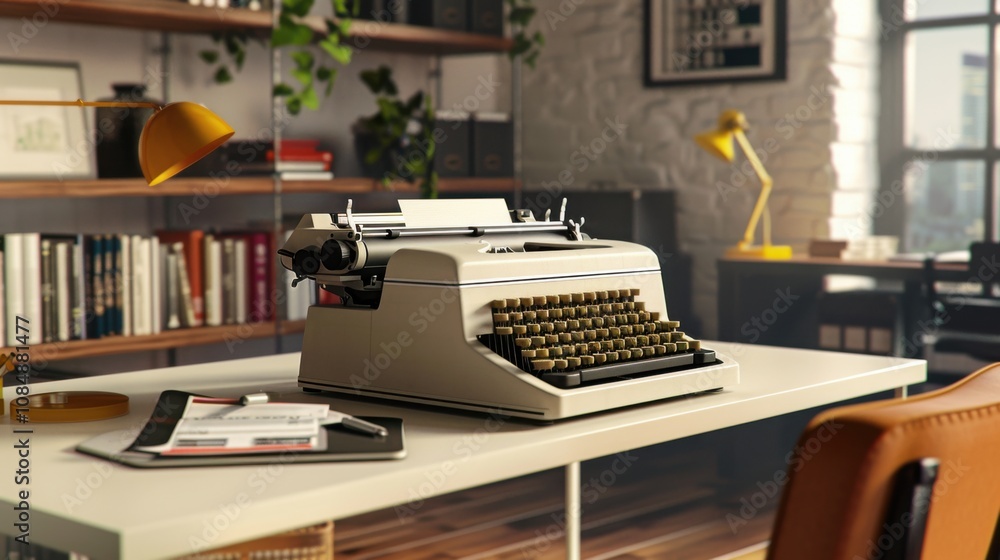 Poster a traditional office space with a typewriter connected to a digital printer, set in a sleek modern w