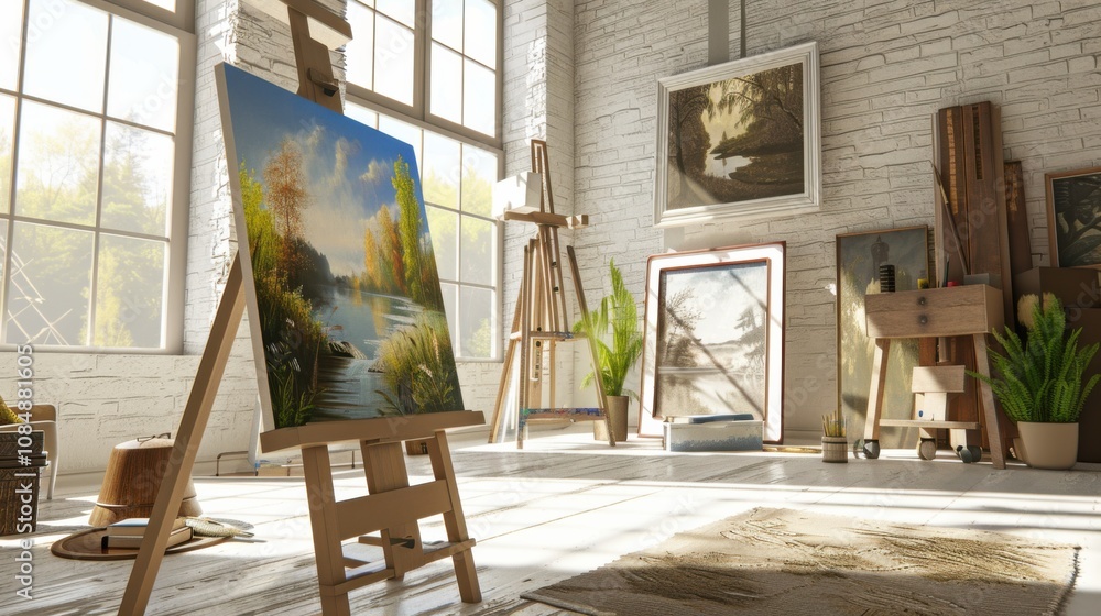 Poster a traditional painting easel with a digital canvas displaying a virtual landscape, set in a minimali