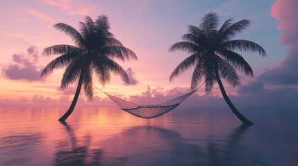 Obraz premium Design a peaceful image of a beach hammock strung between two palm trees, with a sunset backdrop inviting relaxation and tranquility