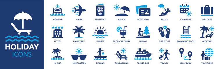 Holiday icon set. Containing vacation, plane, passport, hotel, palm tree, travel, beach, sunset, island and more. Solid vector icons collection.