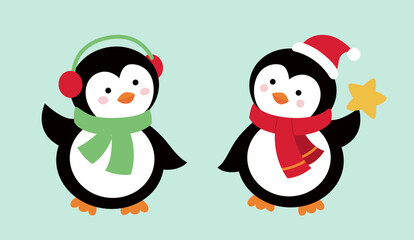 Set of cute Christmas penguins vector illustration.
flat style christmas penguin element.