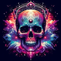 Psychedelic skull artwork with cosmic and geometric designs.