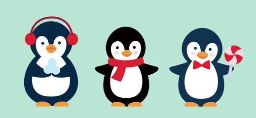 Set of cute Christmas penguins vector illustration.
flat style christmas penguin element.