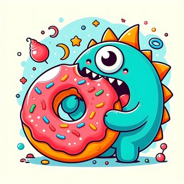 Here's a description for your image.. Cute monster happily devouring a giant donut.