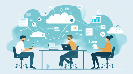 Fototapeta premium Employees collaborating across remote and office environments, using cloud-based tools to stay connected and productive