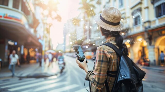 A traveler using a mobile app for virtual city tours and local cultural insights during a trip abroad, symbolizing exploration and cultural immersion in digital travel experiences