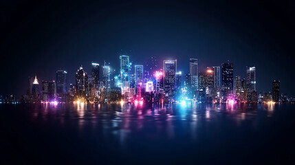 vibrant skyline of futuristic city illuminated by colorful lights reflects on water, creating stunning visual effect