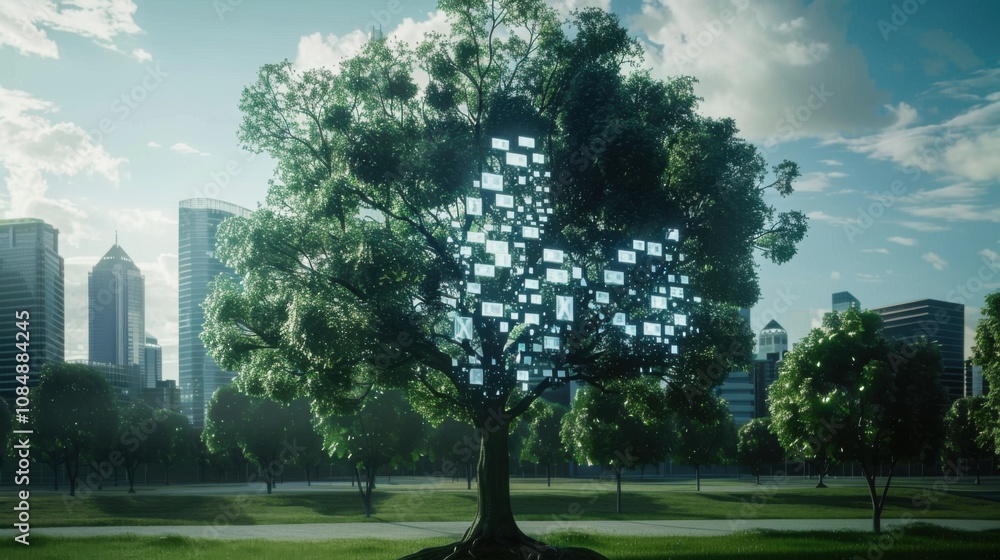 Poster a tree with digital screens for leaves, set in a park with a city skyline in the background, symboli